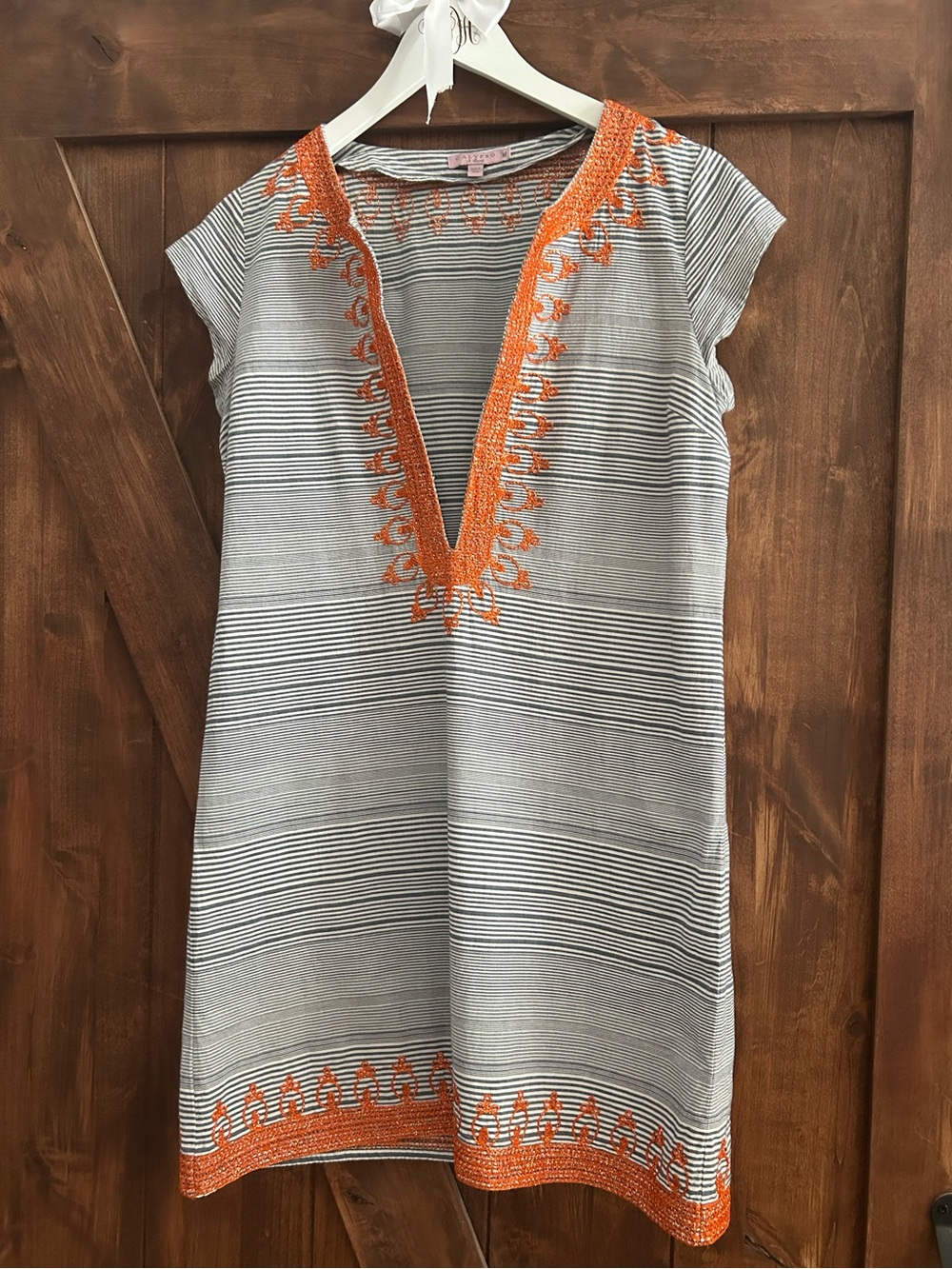 Calypso St. Barth Navy and White Striped Top with Orange Embroidery